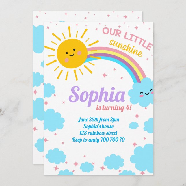 Little Sunshine Rainbow Clouds Pink Sun Birthday Invitation (Front/Back)