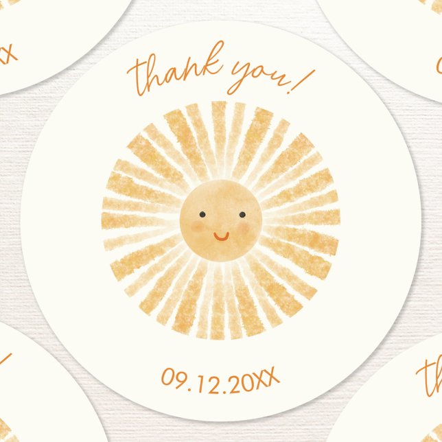 Little Sunshine Thank You Classic Round Sticker (Personalized date thank you sticker with watercolor sunshine)
