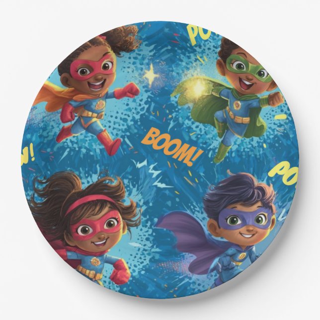 Little Superheroes Party Paper Plate (Front)