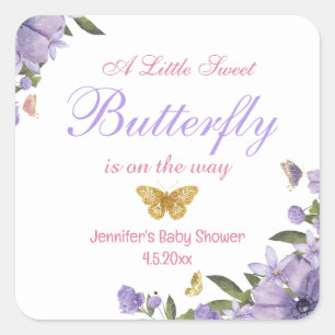 little sweet butterfly purple floral baby shower square sticker