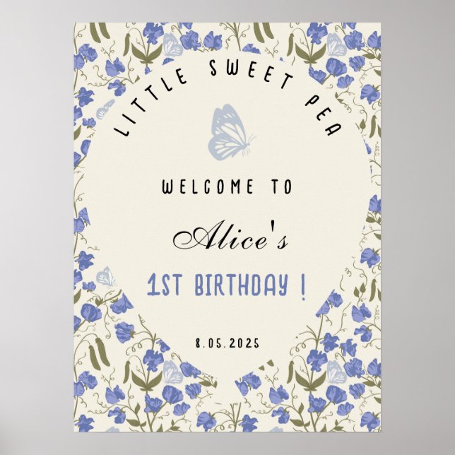 Little Sweet Pea Blue and Cream 1st Birthday Poster (Front)