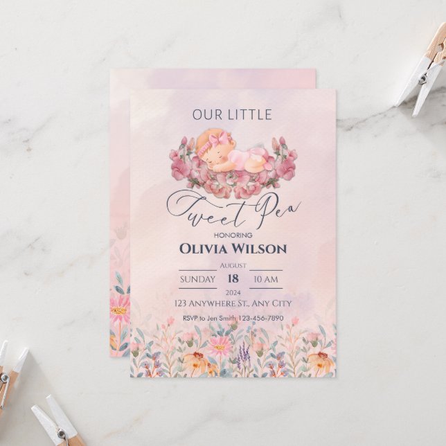 Little Sweet Pea | Cute Pink Flowers Baby Shower Invitation (Front/Back In Situ)