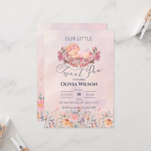 Little Sweet Pea   Cute Pink Flowers Baby Shower Invitation