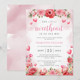 Little Sweetheart Baby Shower Floral Hearts Pink Invitation