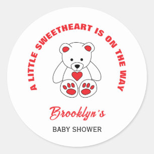 Little Sweetheart Baby Shower Red White Teddy Bear Classic Round Sticker