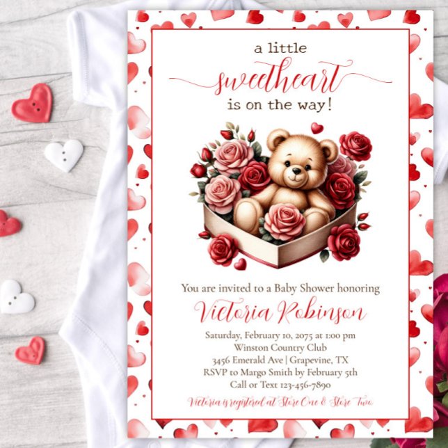 Little Sweetheart Bear Baby Shower Invitation (Sweetheart valentine baby shower invitation with cute baby bear in a heart shaped box.)