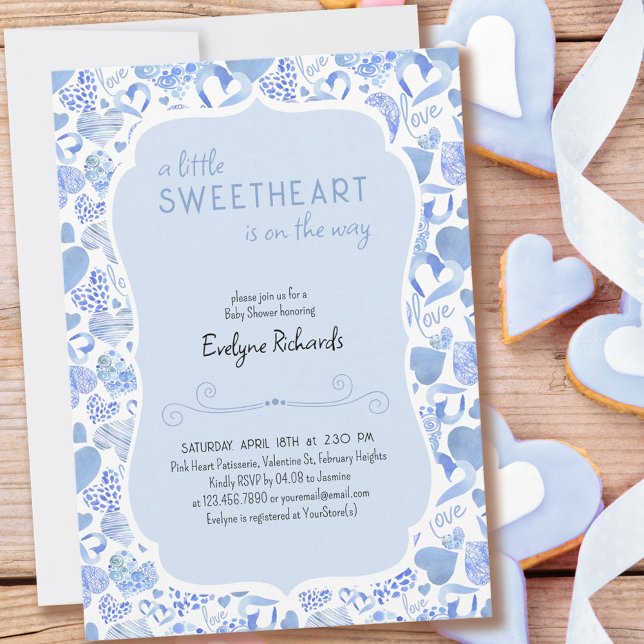 Little Sweetheart Blue Love Heart Boy Baby Shower Invitation (Creator Uploaded)