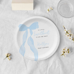 Little Sweetheart Elegant Blue Bow Baby Shower Paper Plate