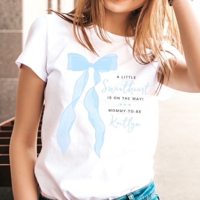 Little Sweetheart Elegant Blue Bow Baby Shower T-Shirt (Creator Uploaded)