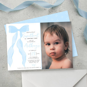 Little Sweetheart Elegant Blue Bow Birthday Photo Invitation
