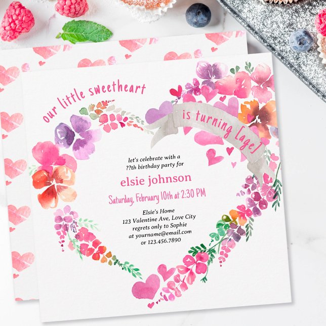Little Sweetheart Floral Love Heart Girly Birthday Invitation (Creator Uploaded)