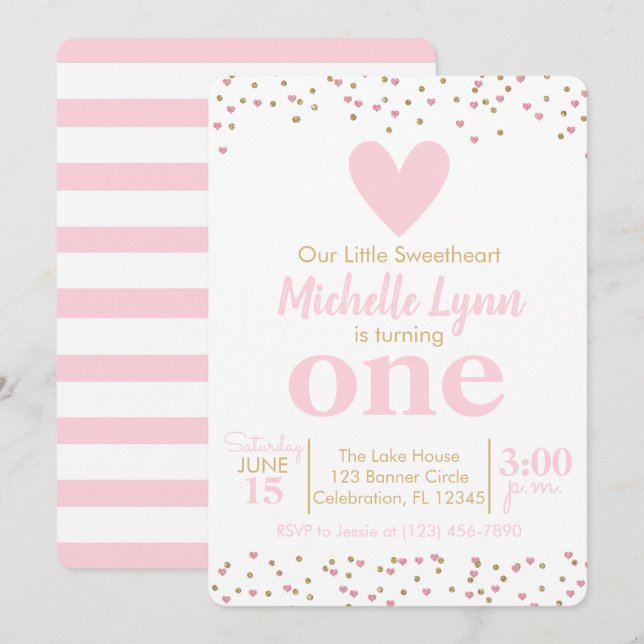 Little Sweetheart Girls Pink & Gold Birthday Invitation (Front/Back)