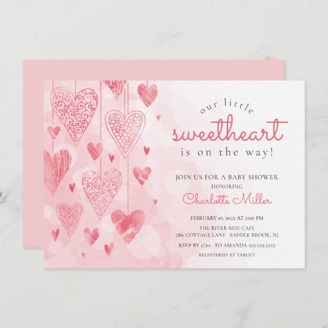 Little Sweetheart Hanging Hearts Girls Baby Shower Invitation (Front/Back)