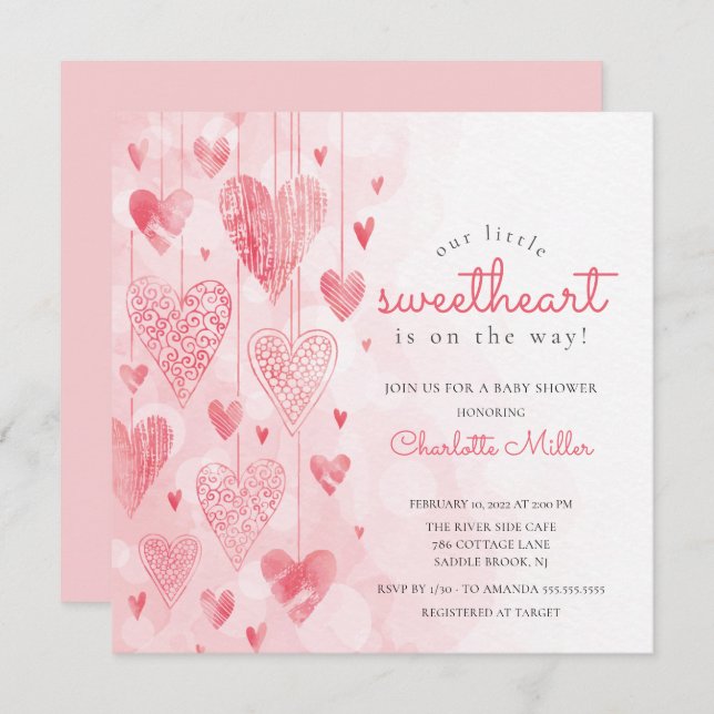 Little Sweetheart Hanging Hearts Girls Baby Shower Invitation (Front/Back)