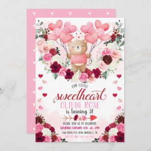 Little Sweetheart Pink Bear Valentine's Birthday Invitation