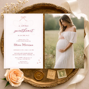 Little Sweetheart Pink Bow Photo Baby Shower Invitation