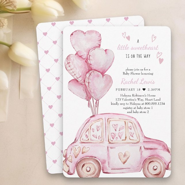 Little Sweetheart Pink Car and Balloon Baby Shower Invitation (Little Sweetheart Baby Shower Invitation - professionally printed or printable download)