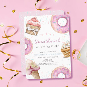 Little Sweetheart Pink Cupcake Doughnut 1st Birthd Invitation