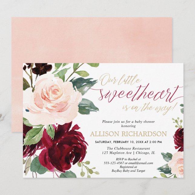 Little sweetheart pink gold burgundy baby shower invitation (Front/Back)