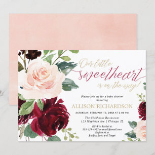 Little sweetheart pink gold burgundy baby shower invitation