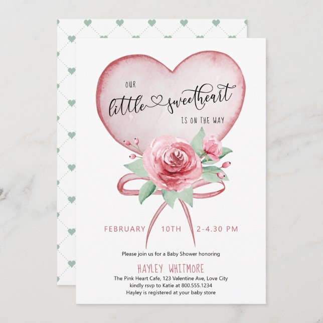 Little Sweetheart Pink Heart and Roses Baby Shower Invitation (Front/Back)