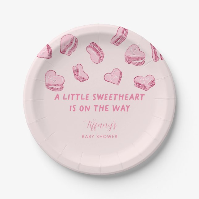 Little Sweetheart Pink Heart Macarons Baby Shower Paper Plate (Front)