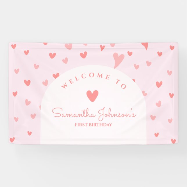 Little Sweetheart Pink Peach Hearts 1st Birthday Banner (Horizontal)