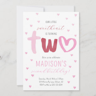 Little Sweetheart Pink Red Hearts 2nd Birthday Invitation