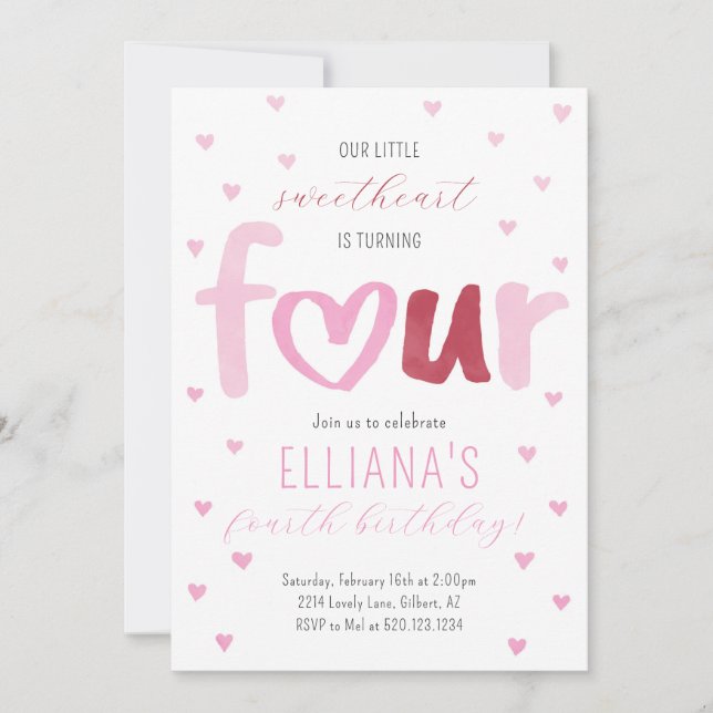 Little Sweetheart Pink Red Hearts 4th Birthday Invitation (Front)