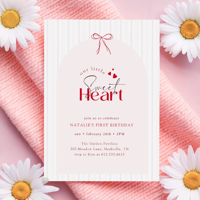 Little Sweetheart Red Bow First Birthday Invitation (Creator Uploaded)