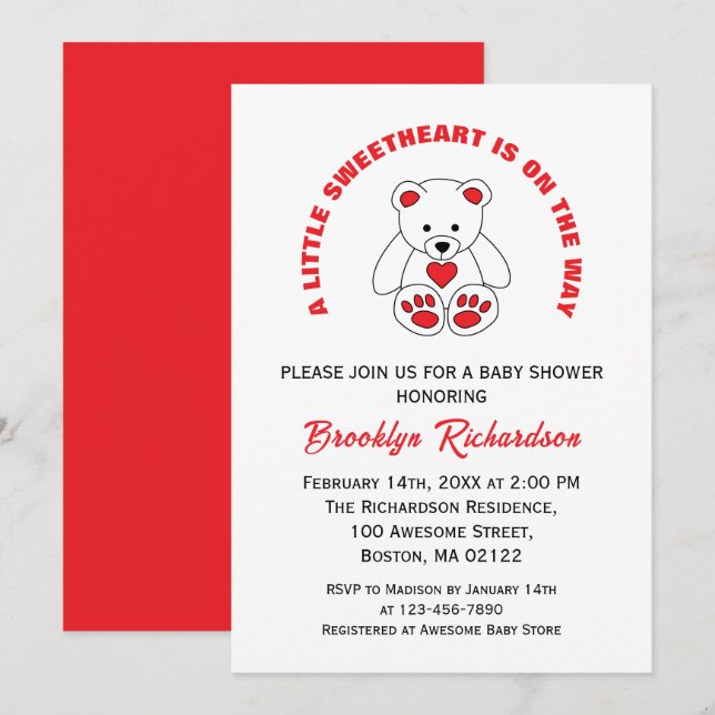 Little Sweetheart Red White Teddy Bear Baby Shower Invitation (Front/Back)