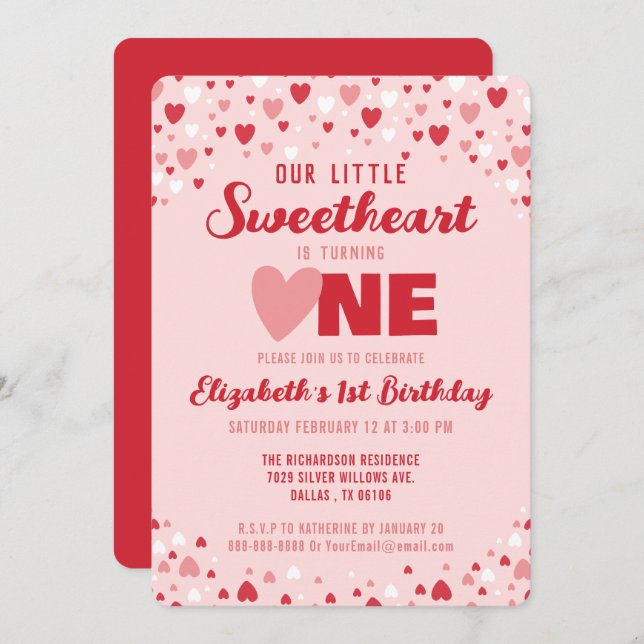 Little Sweetheart Turning One 1st Birthday Party Invitation (Front/Back)