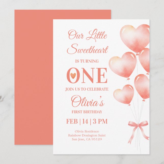 Little Sweetheart Turns One Baby Girl Invitation (Front/Back)