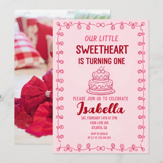 Little Sweetheart Valentine 1st Birthday Cake  Invitation (Front/Back)