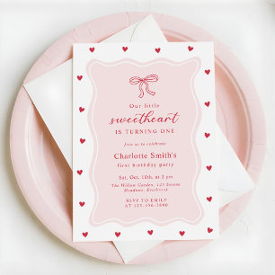 Little Sweetheart Valentine Bow 1st Birthday Invitation