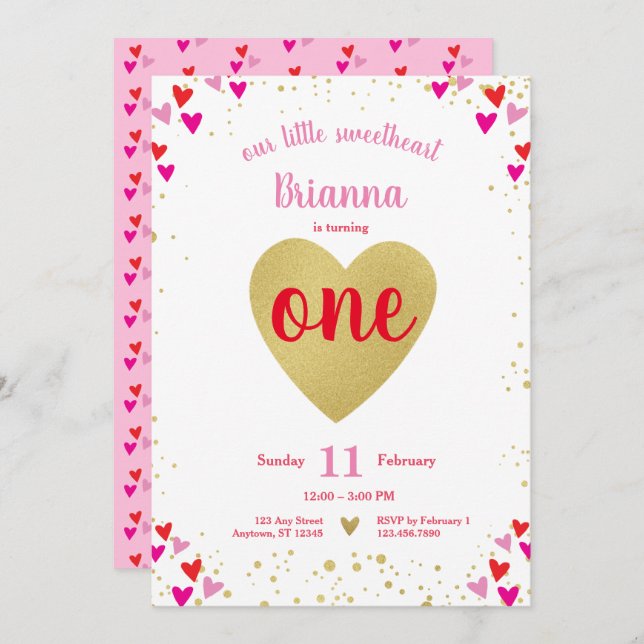Little Sweetheart Valentine Hearts First Birthday Invitation (Front/Back)