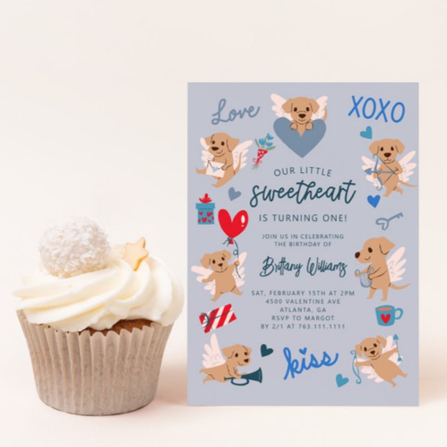 Little Sweetheart Valentine Puppy Birthday Blue Invitation (Creator Uploaded)