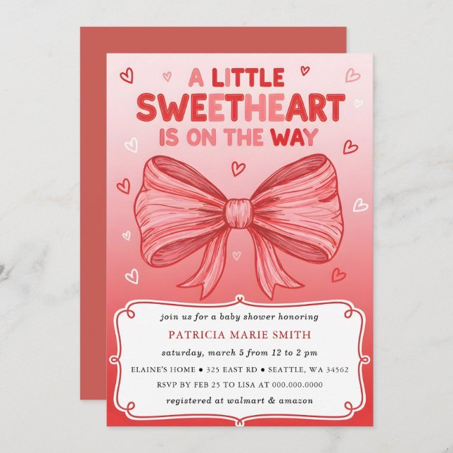 Little Sweetheart Valentines Bow Baby Shower Invitation (Front/Back)