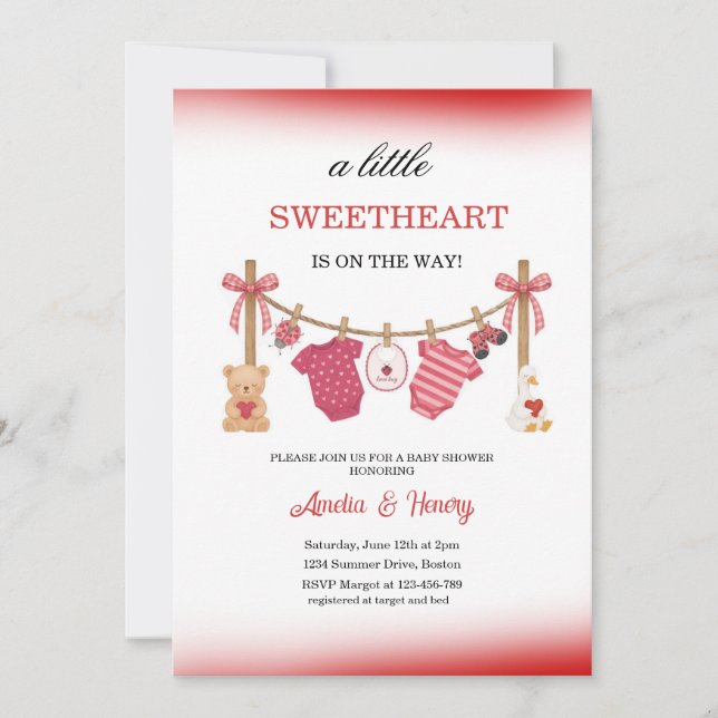 Little Sweetheart Valentines Girl Baby Shower  Invitation (Front)