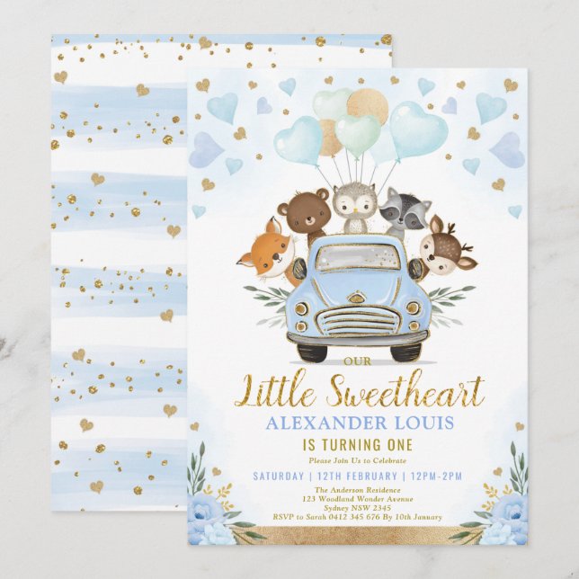 Little Sweetheart Woodland Animals Boy Birthday Invitation (Front/Back)