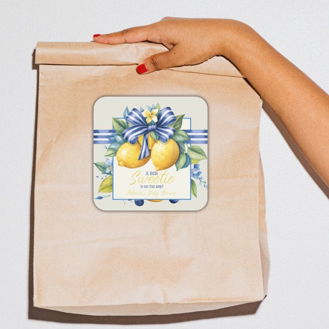 Little Sweetie Blue Bow Tile Lemon Baby Shower Square Sticker (Creator Uploaded)