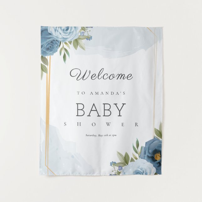 Little Sweetie Elegant Blue Botanical Baby Shower Tapestry (Front)