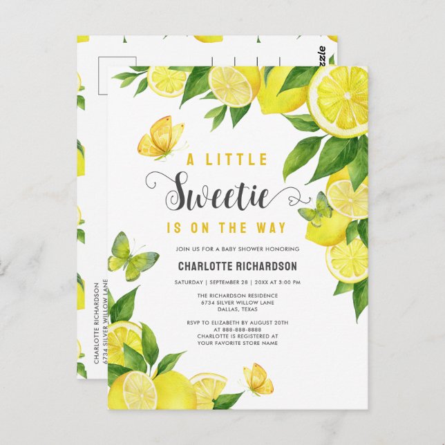 Little Sweetie Lemon Citrus Baby Shower Invitation Postcard (Front/Back)