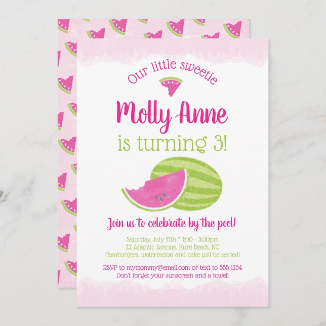 Little Sweetie Watermelon Birthday Girl Pink Green Invitation (Front/Back)