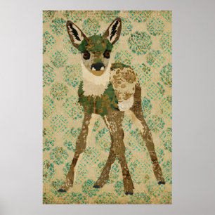 Little Teal Floral Fawn Art Poster