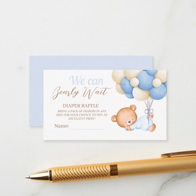 Little Teddy Balloon Baby Boy Shower Diaper Raffle Enclosure Card (Front/Back In Situ)