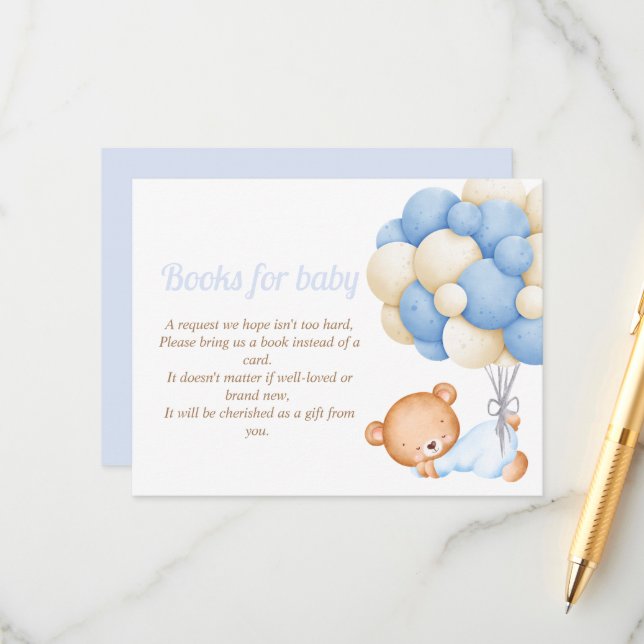 Little Teddy Balloon Baby Shower Books for baby Enclosure Card (Front/Back In Situ)