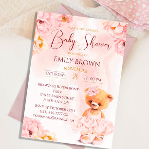 Little teddy bear - flower princess watercolor invitation