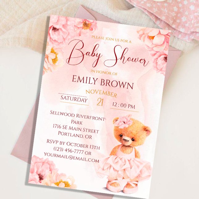 Little teddy bear - flower princess watercolor invitation (Creator Uploaded)