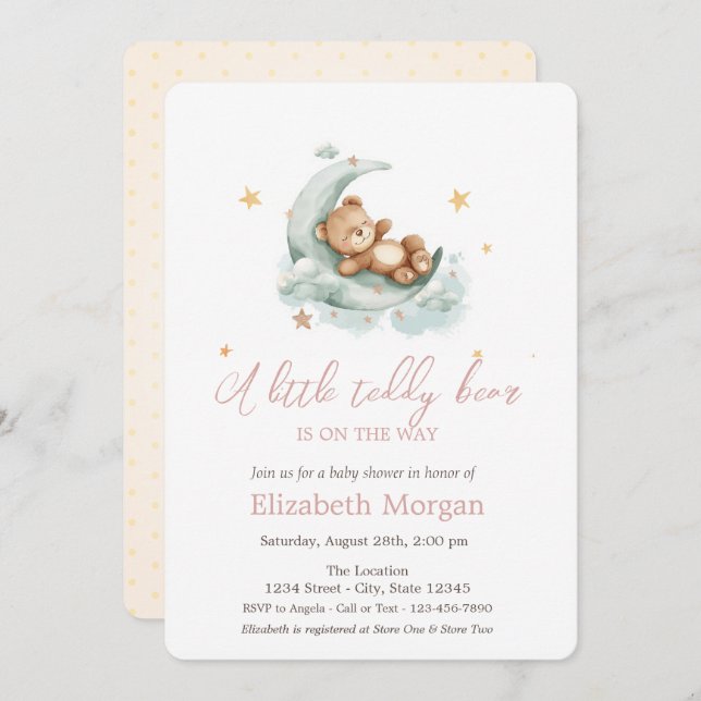 Little Teddy Bear Moon Stars Baby Shower Invitation (Front/Back)